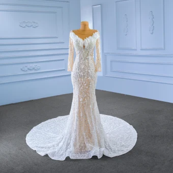 Haut De Gamme Blanche Perle Paillettes Perlage Robe De Mariée 2023 Trompette Sirène Encolure Dégagée Manches Longues Chapel Train Mariage