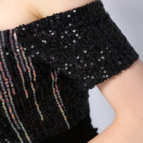 Sexy Black Sequins Evening Dresses 2022 Trumpet / Mermaid Off-The-Shoulder Short Sleeve Backless Split Front Floor-Length / Long Prom Formal Dresses