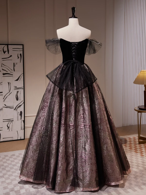 Charmant Schwarz Glanz Ballkleider 2023 A Linie Off Shoulder Ärmellos Rückenfreies Schleife Lange Ball Festliche Kleider