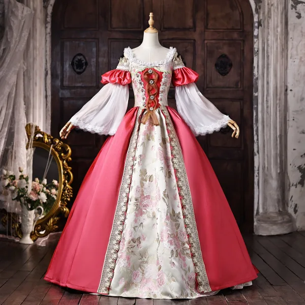 Vintage / Originale Médiévale Fushia En Dentelle Fleur Robe De Bal 2026 Robe Boule U-Cou Manches de cloche Dos Nu Longue Robe De Ceremonie