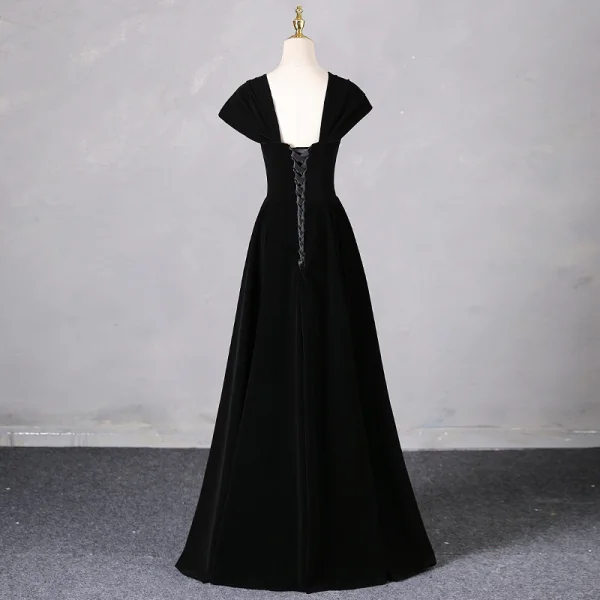 Elegant Black Rhinestone Prom Dresses 2024 A-Line / Princess Square Neckline Sleeveless Backless Floor-Length / Long Prom Formal Dresses
