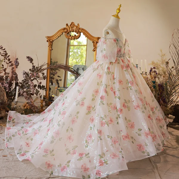 Chic / Beautiful White Floral Prom Flower Girl Dresses 2022 Ball Gown Scoop Neck Pearl Rhinestone Puffy Short Sleeve Backless Court Train Flower Girl Dresses