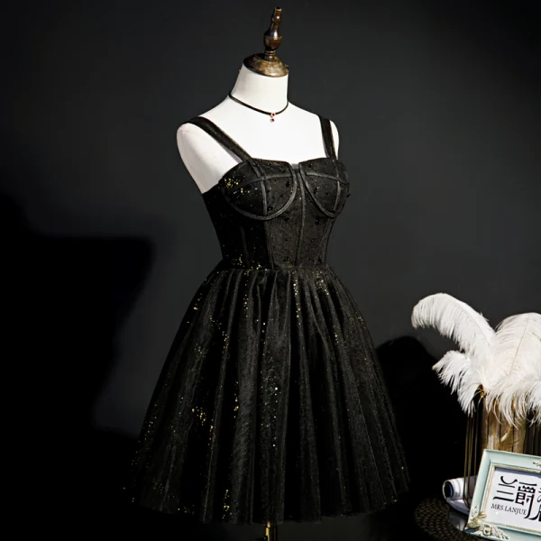 Fashion Black Sequins Short Party Dresses 2022 A-Line / Princess Spaghetti Straps Backless Sleeveless Formal Dresses