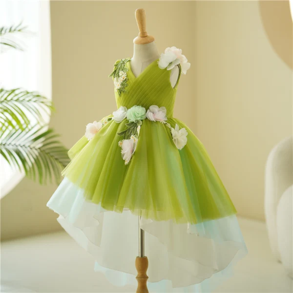 Flower Fairy Sage Green Lace Flower Appliques Asymmetrical Flower Girl Dresses 2024 Birthday Ball Gown V-Neck Sleeveless Tulle
