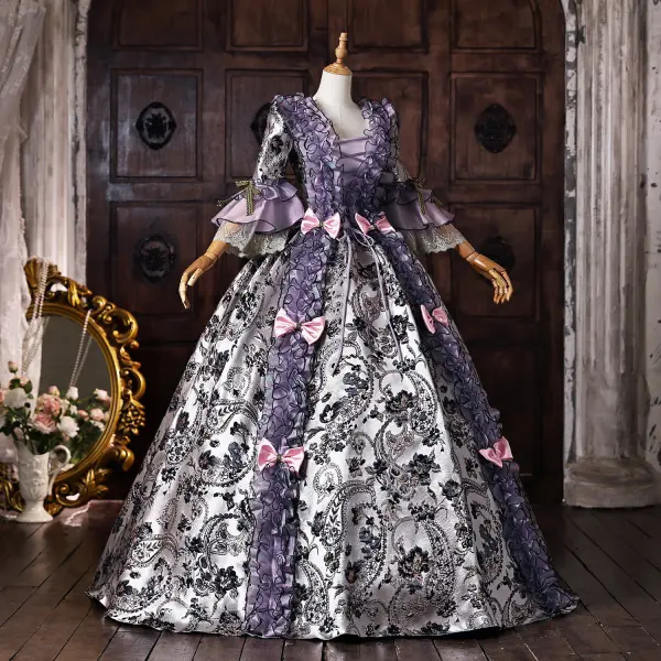 Vintage Mittelalterlich Violett Stickerei Ballkleider 2026 Ballkleid Rundhalsausschnitt Glockenhülsen Lange Festliche Kleider