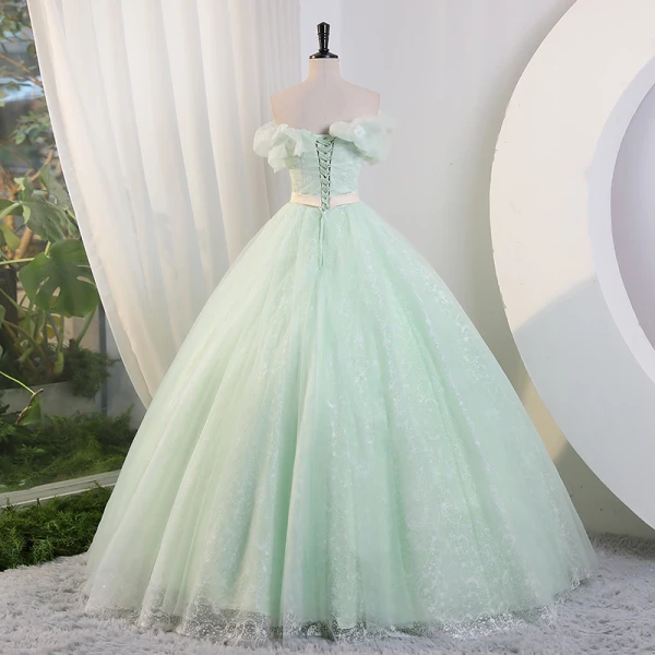 Chic / Beautiful Sage Green Pearl Appliques Prom Dresses 2023 Ball Gown Strapless Sleeveless Backless Bow Sash Floor-Length / Long Prom Formal Dresses