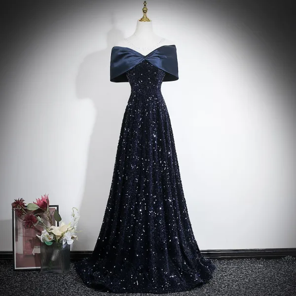 Sparkly Black Gold Sequins Evening Dresses 2026 A-Line / Princess Off-The-Shoulder Short Sleeve Backless