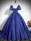 Vintage / Retro Royal Blue Rhinestone Prom Dresses 2024 Ball Gown Square Neckline Puffy Short Sleeve Backless Floor-Length / Long Prom Formal Dresses