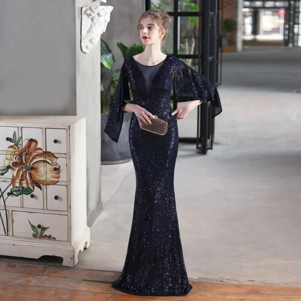 Sparkly Black Sequins Evening Dresses 2022 Trumpet / Mermaid Scoop Neck 1/2 Sleeves Floor-Length / Long Evening Party Formal Dresses