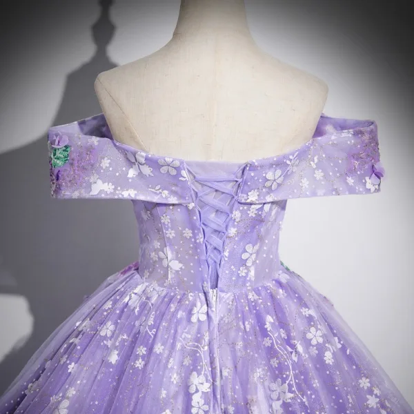 Flower Fairy Lavender Appliques Sequins Prom Dresses 2024 Ball Gown Off-The-Shoulder Short Sleeve Backless Floor-Length / Long Prom Formal Dresses