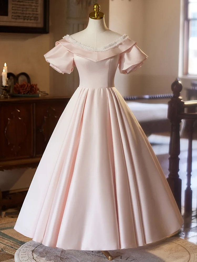 open lace back dress Cute Mermaid Scoop Neck Blush Pink Satin Prom Dresses with Sequins Lac –  formalgowns
