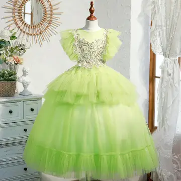 Chic Belle Vert Lime Robe Boule Anniversaire Volants En Cascade Paillettes Robe Ceremonie Fille 2022 Encolure Dégagée Manches Courtes Longue Robe Ceremonie Fille