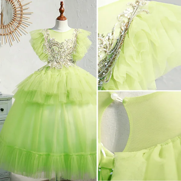 Chic / Beautiful Lime Green Ball Gown Birthday Cascading Ruffles Sequins Flower Girl Dresses 2022 Scoop Neck Short Sleeve Floor-Length / Long Flower Girl Dresses