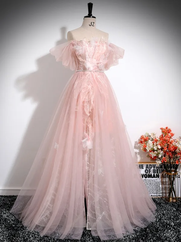Schöne Rosa Perlenstickerei Applikationen Gespaltete Front Ballkleider 2024 Ballkleid Off Shoulder Kurze Ärmel Rückenfreies Lange Ball Festliche Kleider