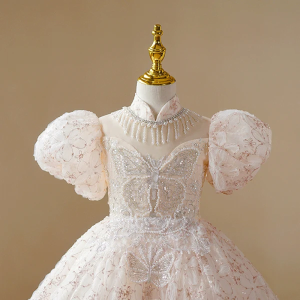 Lovely Champagne Sequins Beading Pearl Butterfly Birthday Flower Girl Dresses 2023 Ball Gown High Neck Puffy Short Sleeve Floor-Length / Long Flower Girl Dresses