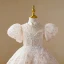 Lovely Champagne Sequins Beading Pearl Butterfly Birthday Flower Girl Dresses 2023 Ball Gown High Neck Puffy Short Sleeve Floor-Length / Long Flower Girl Dresses