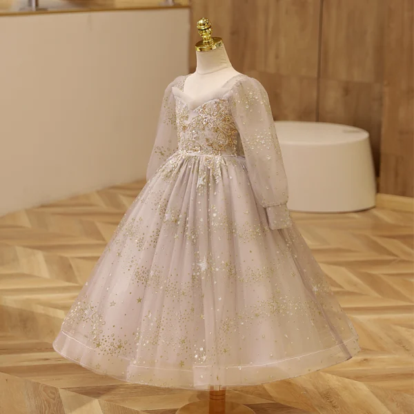 Sparkly Gold Beading Star Sequins Birthday Flower Girl Dresses 2023 Ball Gown Square Neckline 3/4 Sleeve Backless Floor-Length / Long Flower Girl Dresses