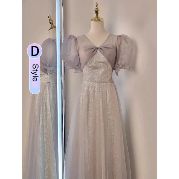 Simple Champagne Noeud Paillettes Robe Demoiselle D'honneur 2022 Princesse De l'épaule Manches Courtes Dos Nu Longue Robe Demoiselle D'honneur