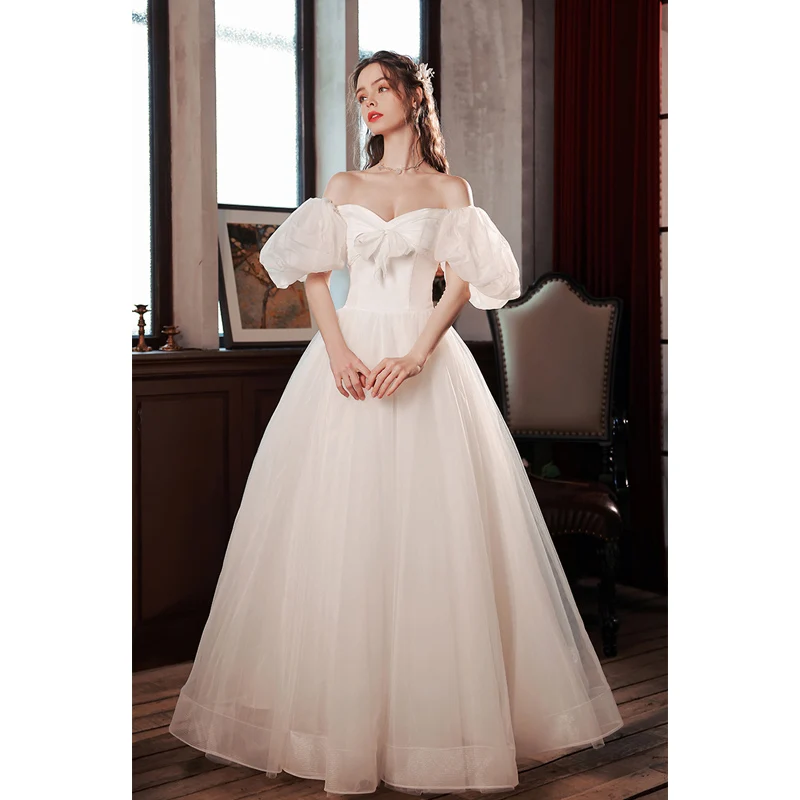 Illusion White Prom Dresses 2022 A-Line Princess Square Neckline Bow Puffy Short Sleeve