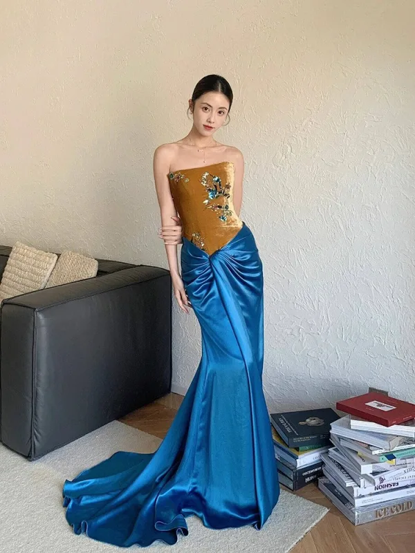 Chinese style Sexy Royal Blue Sequins Evening Dresses 2024 Trumpet / Mermaid Strapless Sleeveless Backless Sweep Train Evening Party Formal Dresses