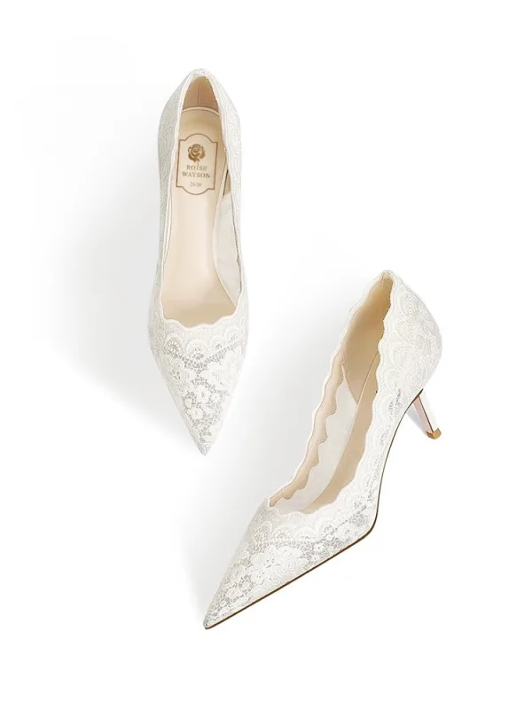 Elegant White Lace Flower Wedding Shoes 2026 Leather 8 cm Stiletto Heels Pointed Toe Wedding Pumps