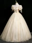 Elegant Champagne Glitter Prom Dresses 2024 Ball Gown Square Neckline Bow Puffy Short Sleeve Backless Floor-Length / Long Prom Formal Dresses