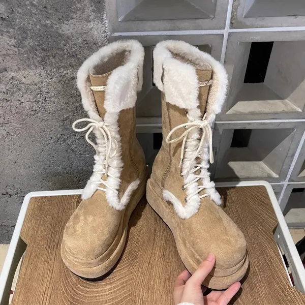 Vintage Tan Zamszowe Zużycie ulicy Płaskie Zima Snow Boots 2024 Okrągłe Toe Kozaki Damskie