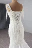 Haut de Gamme Blanche Fait main Perlage Perle Paillettes Robe De Mariée 2025 Trompette / Sirène Encolure Carrée Sans Manches Dos Nu Tribunal Train Mariage