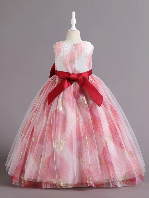 Chic / Beautiful Red Glitter Printing Birthday Flower Girl Dresses 2024 Ball Gown Scoop Neck Sleeveless Sash Bow Floor-Length / Long