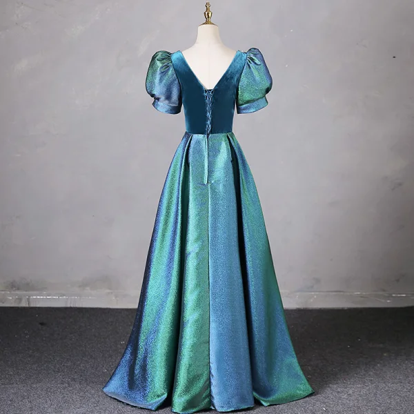 Vintage / Retro Green Prom Dresses 2024 A-Line / Princess Square Neckline Puffy Short Sleeve Backless Floor-Length / Long Prom Formal Dresses