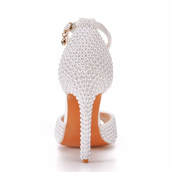 Chic / Beautiful White Pearl Wedding Shoes 2022 11 cm Stiletto Heels Ankle Strap Open / Peep Toe Wedding Sandals High Heels