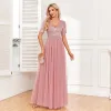 Modest / Simple Blushing Pink Sequins Prom Dresses 2024 A-Line / Princess V-Neck Short Sleeve Backless Floor-Length / Long Prom Formal Dresses