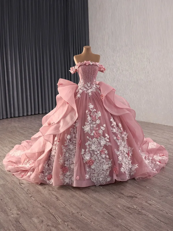 High-end Blushing Pink Handmade  Beading Pearl Rhinestone Lace Flower Appliques Prom Dresses 2025 Ball Gown Off-The-Shoulder Short Sleeve Backless