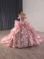 High-end Blushing Pink Handmade  Beading Pearl Rhinestone Lace Flower Appliques Prom Dresses 2025 Ball Gown Off-The-Shoulder Short Sleeve Backless