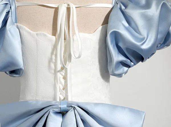 Elegant Sky Blue Satin Prom Dresses 2024 Ball Gown Square Neckline Puffy Short Sleeve Backless Bow Floor-Length / Long Prom Formal Dresses