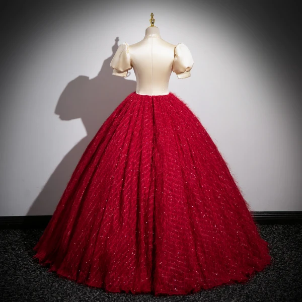 Vintage / Retro Chinese style Burgundy Beading Lace Flower Prom Dresses 2023 Ball Gown High Neck Bow Puffy Short Sleeve Floor-Length / Long Formal Dresses