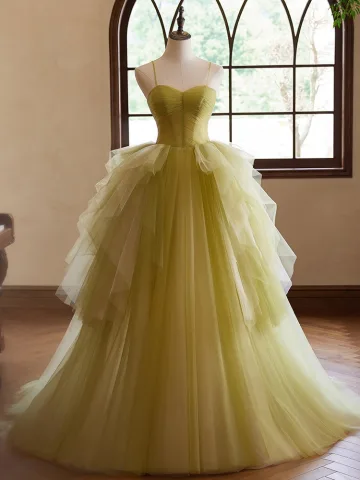 Chic Beautiful Sage Green Ruffle Prom Dresses 2024 Ball Gown Spaghetti Straps Sleeveless Backless Sweep Train Prom Formal Dresses