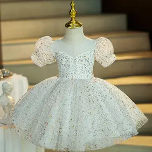 Fashion White Glitter Spotted Birthday Flower Girl Dresses 2022 Ball Gown Scoop Neck Puffy Short Sleeve Short Flower Girl Dresses