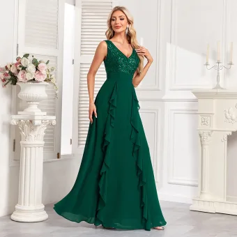 Sencillos Verde Oscuro Lentejuelas Gasa Vestidos De Gala 2024 A Line Princess V Cuello Sin Mangas Sin Espalda Largos Gala Vestidos Formales