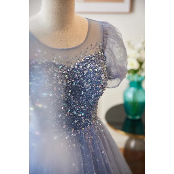 Chic / Beautiful Sky Blue Beading Sequins Prom Dresses 2023 A-Line / Princess Scoop Neck Short Sleeve Backless Floor-Length / Long Prom Formal Dresses
