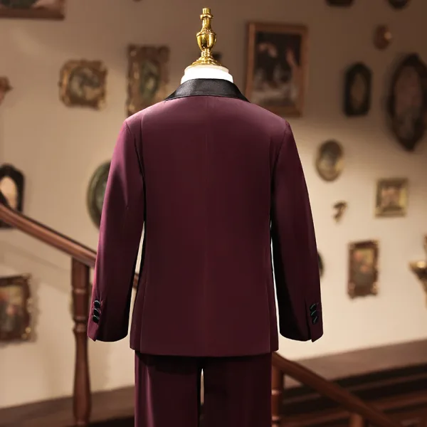Classic Burgundy 5-piece Long Sleeve Boys Wedding Suits 2025 Coat Pants Shirt Tie Vest Wedding