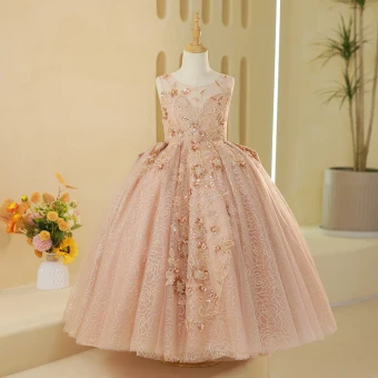 Bling Bling Blushing Pink Beading Sequins Birthday Flower Girl Dresses 2024 Ball Gown Scoop Neck Sleeveless Backless Floor Length Long