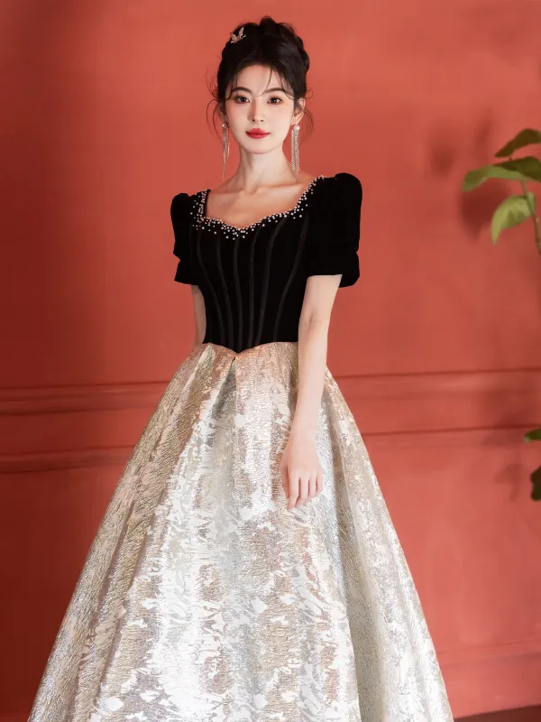 Charming Black Pearl Glitter Prom Dresses 2025 A-Line / Princess Square Neckline Short Sleeve Backless Floor-Length / Long Formal Dresses