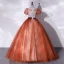 Elegante Orange Geflecktes Ballkleider 2022 Ballkleid Eckiger Ausschnitt Kurze Ärmel Rückenfreies Schleife Stoffgürtel Lange Festliche Kleider