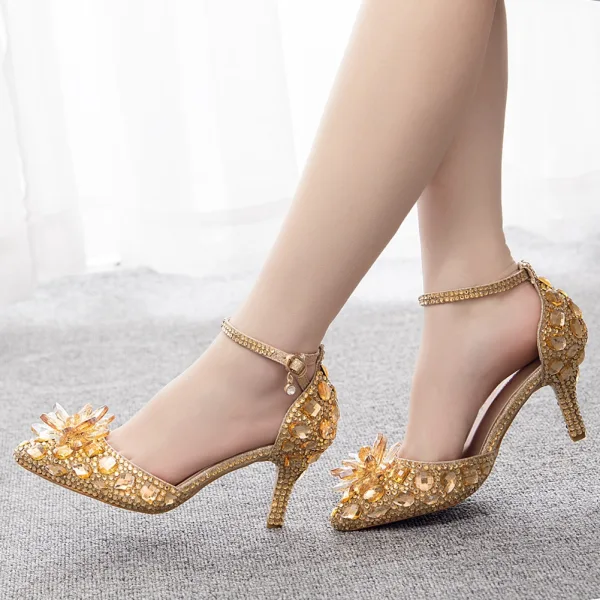 Cinderella Champagne Crystal Wedding Shoes 2022 Rhinestone Ankle Strap 7 cm Stiletto Heels Pointed Toe Wedding Shoes High Heels