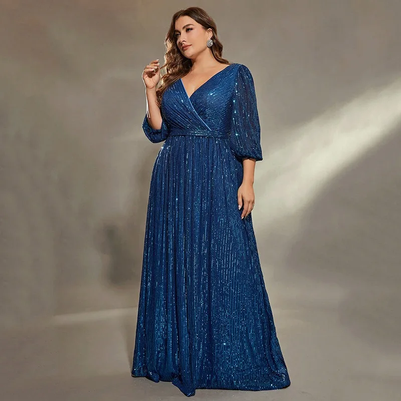 Sparkly Navy Blue Sequins Plus Size Evening Dresses 2025 A Line Princess V  Neck 3 4 Sleeve Floor Length Long Evening Party Formal Dresses
