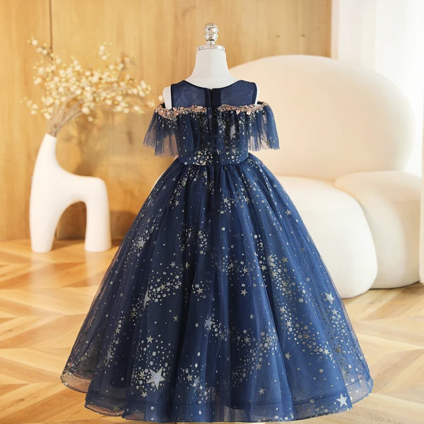 Charming Navy Blue Beading Sequins Birthday Flower Girl Dresses 2023 Ball Gown Scoop