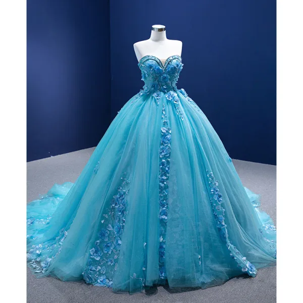 Fashion Pool Blue Pearl Rhinestone Appliques Prom Dresses 2022 Ball Gown Strapless Sleeveless Floor-Length / Long Formal Dresses