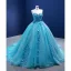 Fashion Pool Blue Pearl Rhinestone Appliques Prom Dresses 2022 Ball Gown Strapless Sleeveless Floor-Length / Long Formal Dresses