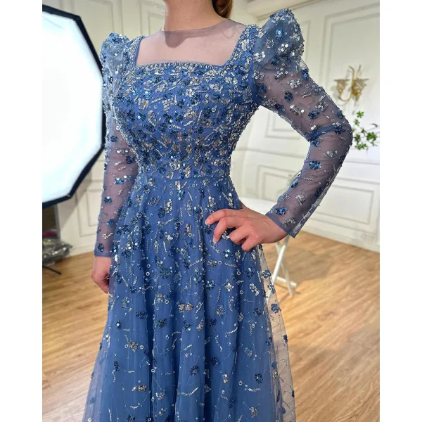 High End Meeresblau Handgefertigt Perlenstickerei Pailletten Ballkleider 2024 A Linie Eckiger Ausschnitt Lange Ärmel Lange Ball Festliche Kleider